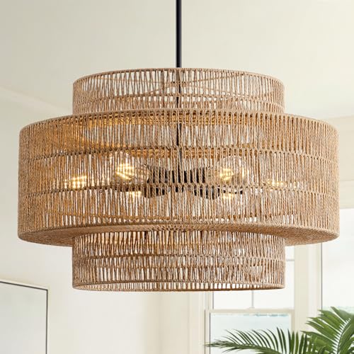 24" Boho Large Rattan Chandelier Light Fixture, 6-Light Large Black Pendant Light Fixture Farmhouse Rustic Chandeliers for Kitchen Bedroom, Dining Room, Living Room, Hallway, Foyer - color: Brown+Black Hardware, size: 24" 6-Light
