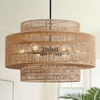 24" Boho Large Rattan Chandelier Light Fixture, 6-Light Large Black Pendant Light Fixture Farmhouse Rustic Chandeliers for Kitchen Bedroom, Dining Room, Living Room, Hallway, Foyer - color: Brown+Black Hardware, size: 24" 6-Light