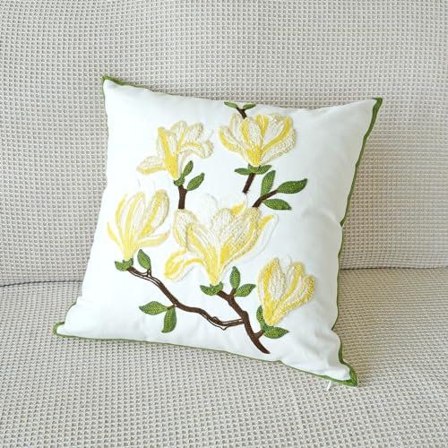 vctops Farmhouse Magnolia Flower Cotton Tufted Throw Pillow Cover Spring Floral Embroidery Pillowcase Soft Square Cushion Case for Sofa Couch Bed Chair (Yellow E,18"x18") - color: Yellow E
