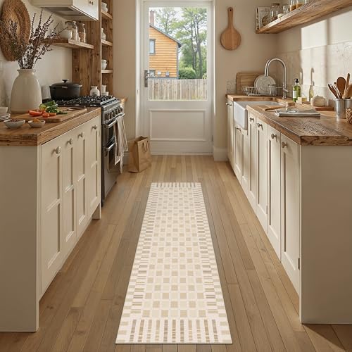 PureCozy Machine Washable Beige 2x6 Runner Rug for Hallways Indoor Kitchen Long Carpet Non-Slip Low Pile Modern Soft Accent Throw Rugs for Entrance Bedroom Dining Laundry - color: Beige, size: 2' x 6' (Runner)