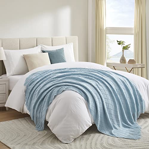 Acrylic Knitted Throw Blanket, Lightweight and Soft Cozy Decorative Woven Blanket with Tassels for Couch, Bed, Sofa, Travel, Suitable for All Seasons, 50 x 60 Inches, Light Blue - color: Light Blue