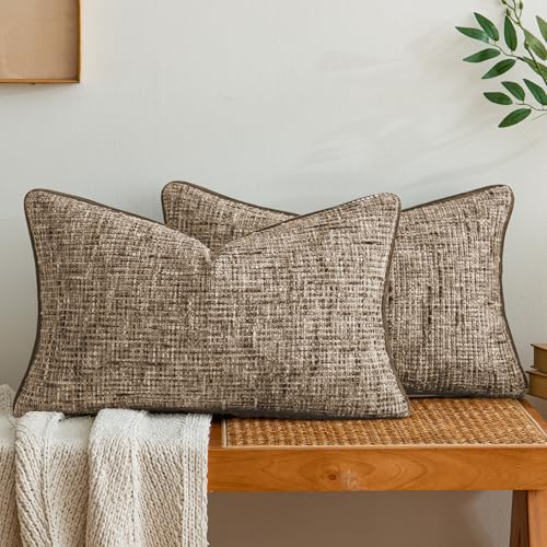a moment Brown Reversible Pillow Covers 2 Pack - Farmhouse Chenille Throw Pillows, Neutral Textured Decorative Throw Pillow Covers with Border for Couch Sofa Bed (12x20 Inch, No Insert) - color: Brown, size: 20" x 12" (Pack of 2)
