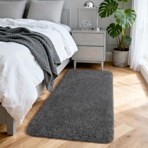 Merelax Fluffy Shaggy Small Area Rug, Dark Grey 2x4 Runner Rugs for Bedside Christmas Decor, Mini Fuzzy Plush Throw Rug, Soft Non-Slip Entryway Shag Catpet for Livingroom Holiday Home Aesthetic - color: Dark Grey, size: 2' x 4' (Rectangular)