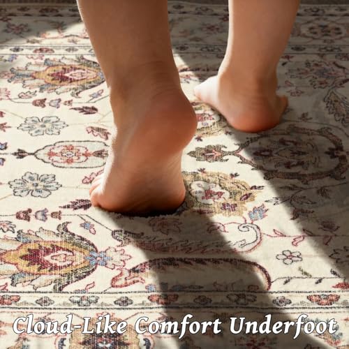 Washable 3x5 Entryway Rug, Boho Non-Slip Vintage Distress Small Rugs for Kitchen Nursery Office Bedroom, 0.3" Neutral Oriental Throw Thin Carpet with Cushioning Pad, Beige/Rust/Multi, B1 - color: Beige/Cream/Rust/Green/Multi, size: 3' x 5' (Rectangular)