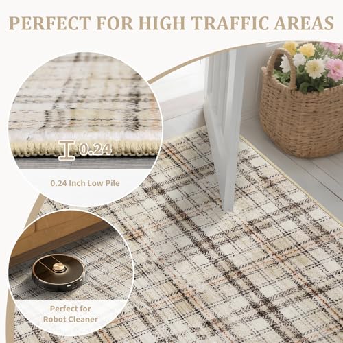 Garvee Washable Runner 2x8 Rugs for Entryway Non Slip Kitchen Runner Natural Beige Printed Low Pile Hallway Rug Stain Resistant Carpet for Bathroom Laundry Room Bedside, Beige - color: Plaid|beige, size: 2' x 8' (Runner)