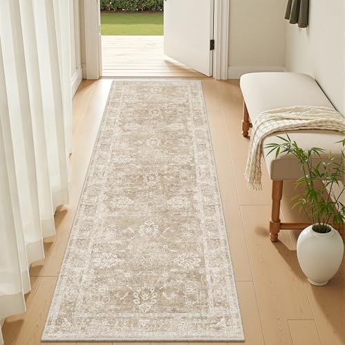 Madane Washable Runner Rug 2x6, Kitchen Hallway Runner Rug with Non-Slip Rubber Backing, Vintage Soft Low Pile Carpet Runner for Entryway Laundry Bathroom Bedroom Living Room (2 x 6, Beige/Brown) - color: Beige/Brown, size: 2' x 6' (Runner)