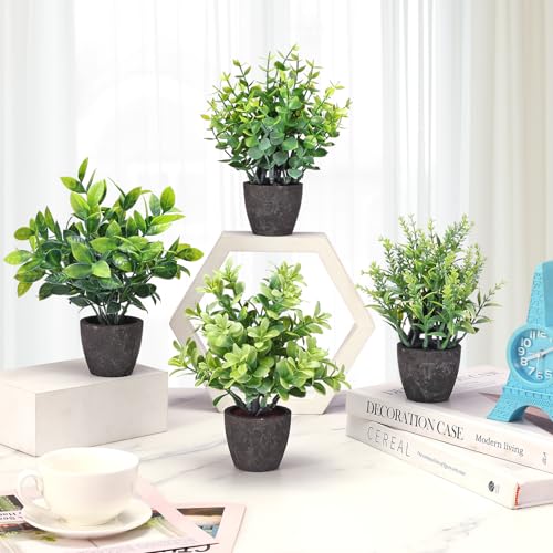 FAVOWREATH 4 Pack Fake Plants Ceramic Mini Artificial Greenery Potted Plants for Home, Office, Room, Farmhouse, Indoor Table, Bathroom Decor - color: Black