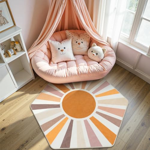 STARUIA Boho Washable Hexagon Rainbow Nursery Rug for Princess Tent Kids Play Castle, 4.6ft Colorful Sun for Kids Play Room, Ultra Soft Carpet for Girls Boys Room Playhouse Classroom Dorm Home Decor - color: Orange-new, size: 4'x4'7"