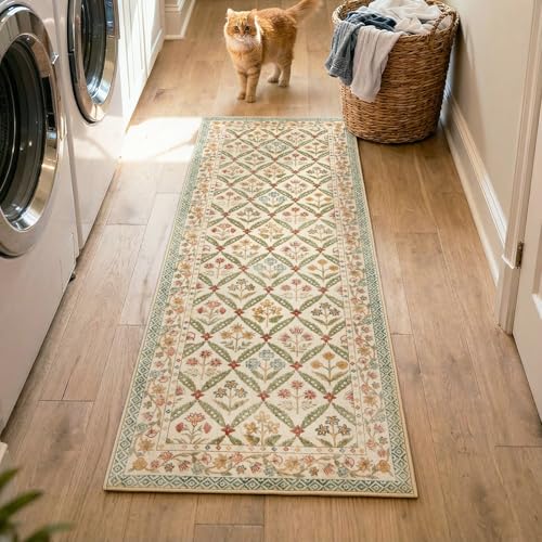 jinchan Haden Runner Rug 2x5 Vintage Floral Washable Hallway Rug for Entrance Kitchen Soft Non-Slip Low Pile Bedside Laundry Room Cottage Calm Indoor Decor Teal Blue - color: Teal Blue, size: 2' x 5' (Runner)