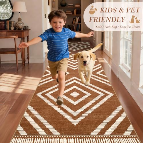 Boho Hallway Runner Rugs 2.6x14ft Non Slip, Long Brown Washable Entryway Rug Runners Non Shedding, Geometric Kitchen Floor Carpets for Doorway Entrance Farmhouse Living Room Home Decor - color: Brown, size: 2'8" x 14' (Rectangular)