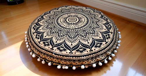 CRAFT KALA 32" Large Round Bohemian Floor Pillow Cover Boho Pouf Cover Mandala Meditation Room Pillows Cover Adults Seating Poufs Cushion Cover for Kids Reading Playroom Black Gold Ombre - color: Black Gold Ombre