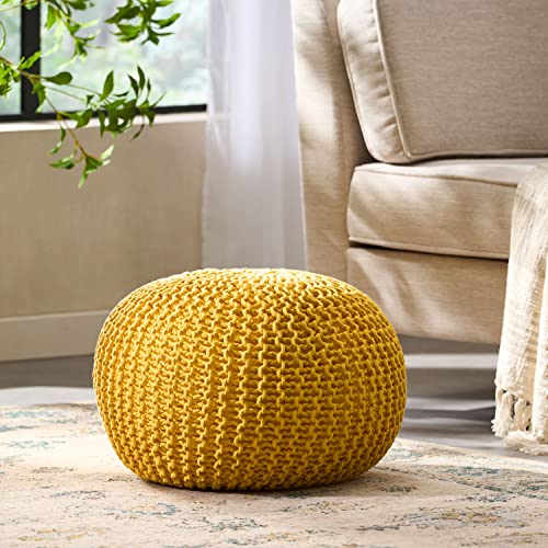 Nahunta Knitted Round Pouf - Cotton - Yellow - color: Yellow