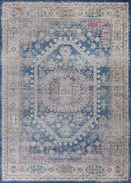 Blue Beige Vintage Faded Distressed Print Style Area Rug/ Carpet