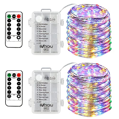 BXROIU 2 x Fairy Lights Battery Operated, Silver Wire Chains 8 Mode 5M 50 LEDs Timer String Lights with Remote Control for Bedroom Christmas Party Wedding Decoration (Multicolor) - color: 2Pack(3AA,not included)Multicolor