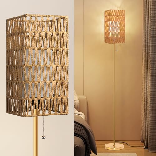 Ruiever Floor Lamp for Living Room,Farmhouse Floor lamp,Modern Standing lamp with Hand-Worked Rattan Shade (Square Rattan Shade Body Gold Color-3 Color Bulb) - style: Square Rattan Shade Body Gold Color-3 Color Bulb