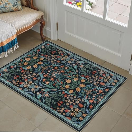 2x3 Washable Area Rug for Entryway Dark Blue Floral Vintage Non Slip Low Pile Thin Rug Soft Lightweight Stain Resistance Doormat Living Room Kitchen Bathroom Laundry Room Home Decor - color: Floral | Blue, size: 2'x3'