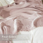 MooMee Muslin Blanket - 100% Cotton 4-Layer Gauze Throw Blanket with All-Around Fringe, Soft Breathable Lightweight Cooling Summer Blankets for Bed Couch(Greyish Pink,Throw XL 50" x 70") - color: Greyish Pink, size: Throw XL