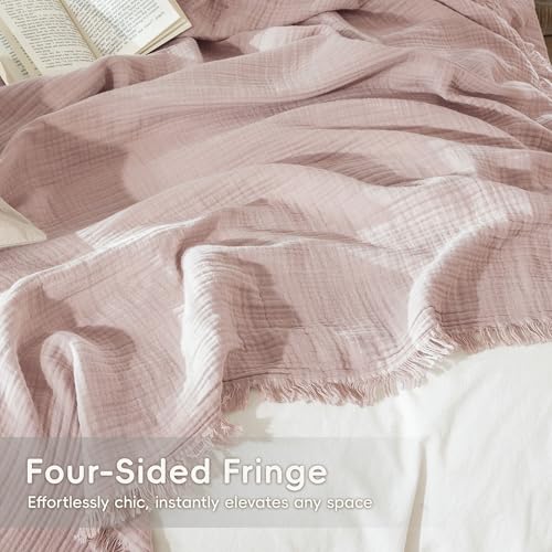 MooMee Muslin Blanket - 100% Cotton 4-Layer Gauze Throw Blanket with All-Around Fringe, Soft Breathable Lightweight Cooling Summer Blankets for Bed Couch(Greyish Pink,Throw 60" x 50") - color: Greyish Pink, size: Throw