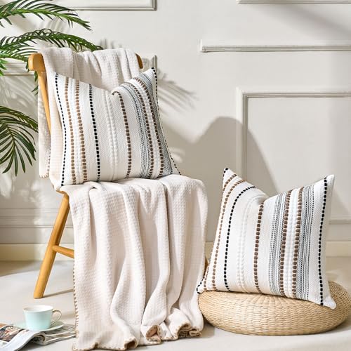 Boho Throw Pillow Covers 18x18 Farmhouse Decorative Accent Textured Accent Pillows Woven Cushion Cases - White and Brown Striped Throw Pillowcase Bohemian Pillow Covers for Couch Bed Living Room - color: Brown, size: 18" x 18" (Pack of 2)