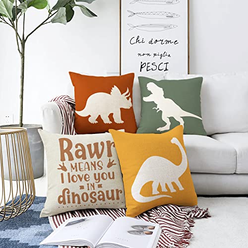 Dinosaur Rawr Means I Love You Home Decorative Throw Pillow Cover Set of 4, Inspirational Quote Cushion Case 18x18 for Boy Kid, Bedroom Nursery Sofa Couch Decor Dino Baby Shower Decoration Gifts - color: Dinosaur Rawr Means I Love You, size: 18" x 18" (Pa