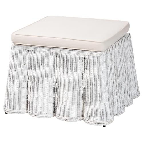 Bali & pari Palm Bohemian White Scallop Rattan Ottoman - color: White