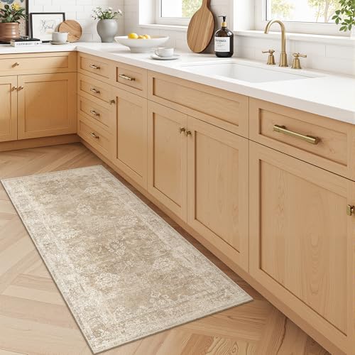 Madane 2x4 Washable Rugs for Entryway, Low Pile Non-Slip Area Rug Kitchen Door Mat, Vintage Soft Throw Neutral Rug Floor Mat for Indoor Front Entrance Bathroom Hallway (2 x 4, Beige/Brown) - color: Beige/Brown, size: 2' x 4' (Rectangular)