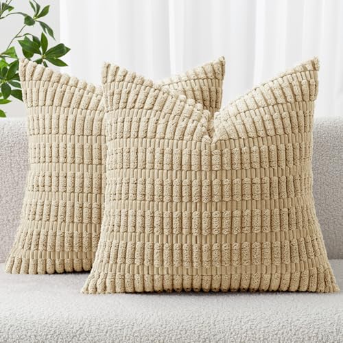 MIULEE Pack of 2 Corduroy Decorative Throw Pillow Covers 12x12 Inch Soft Boho Striped Pillow Covers Modern Farmhouse Home Decor for Sofa Living Room Couch Bed Tan - color: Tan, size: 12" x 12" (Pack of 2)