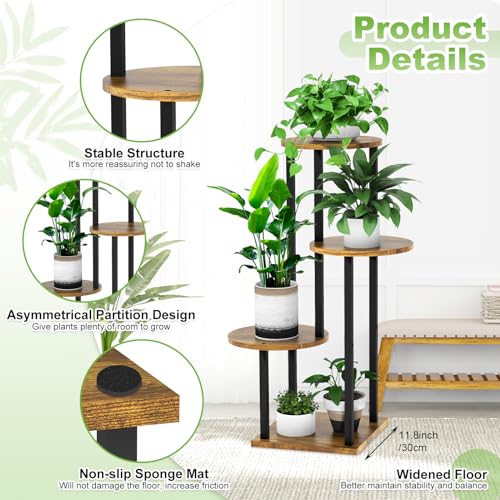 4 Tier Wood Tall Plant Stand Metal Rack Indoor, Multiple Flower Pot Holder Shelves Corner Rack, Round Planter Shelf Display Rack Storage Organizer for Patio Living Room Balcony(Black+Brown) - color: Black+Brown, size: 4 Tier