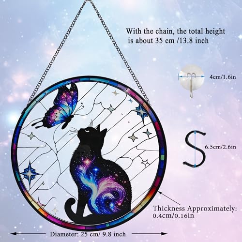 Black Cat Stained Glass Window Hanging, 9.8'' Black Cat & Butterfly with Nebula Design Suncatcher Indoor Outdoor Home Decor for Cats Lovers, Gift for Halloween - color: Black Cat