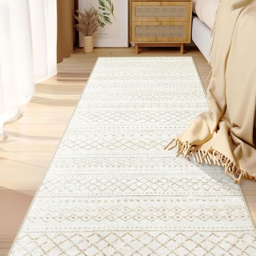 Runner Rug 2x7 Boho Geometric Area Rugs: Washable Kitchen Rug, Soft Non Slip Moroccan Long Hallway Rugs for Bedroom Bathroom Laundry Entryway Staircase Foyer(Beige,2X7) - color: Beige, size: 2' X 7' (Rectangular)