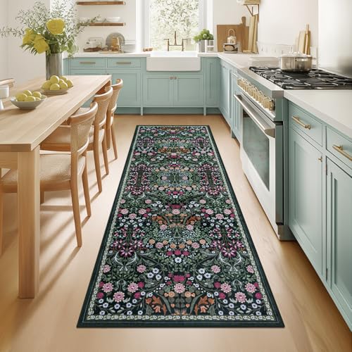 Runner Rug for Entryway: 2.6x8 Kitchen Rugs Non Slip Washable Ultra-Thin Soft Floral Carpet Indoor Floor Stain Resistant Carpets for Hallway Bedroom Kitchen Laundry Bathroom Dorm Dark Green - color: Dark Green, size: 2'6" x 8' (Runner)