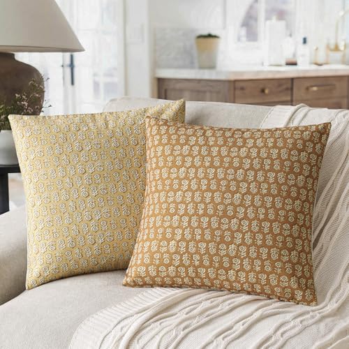 Foindtower Set of 2 Decorative Vintage Floral Print Throw Pillow Cover Neutral Modern Farmhouse Cushion Covers Boho Home Decor For Sofa Couch Chair Bedroom Living Room Outdoor,18×18 Inch,Golden Orange - color: Golden Orange, size: 18" x 18" (Pack of 2)