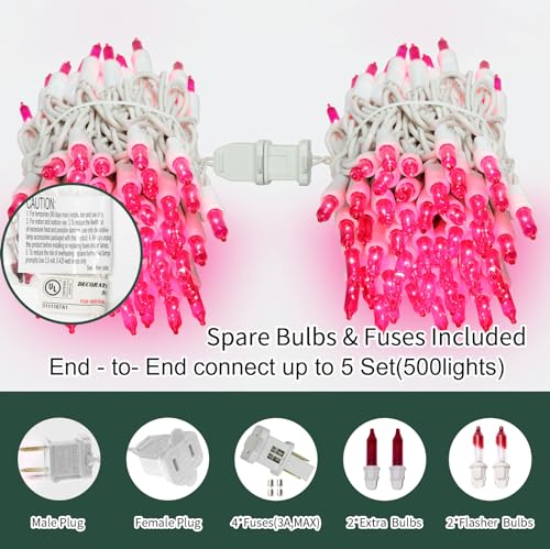 LAMPHOME Pink Christmas Lights Set 100 Count 19.6 Feet Incandescent Bulb Mini String Lights for Indoor Christmas Tree Garland Birthday Wedding Party Festival Decoration, White Wire - color: Pink-White Wire