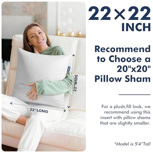 22x22 Pillow Inserts, Set of 2 Down Alternative Throw Pillows Insert for Bed, Sofa & Couch, Ultra Soft Fluffy Sleeping Pillow with 100% Cotton Cover - size: 22x22 Inch