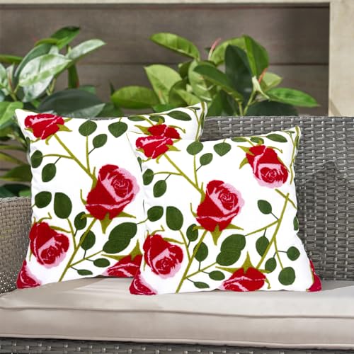 Alysheer Set of 2 Floral Embroidered Decorative Throw Pillow Cover 18" x 18" inches, Farmhouse Cottage Embroidery Red Rose Pattern Cotton Cushion Case for Sofa Couch Bed Living Room Outdoor Decor - color: Rose Red, size: 18" x 18" (Pack of 2)
