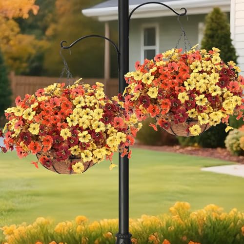 Geegoods 2 Set Artificial Hanging Basket Fall Flowers for Outdoor, Fake Faux UV Resistant Look Real Mixed Mums Plants for Autumn Porch Patio Balcony Yard Home Decor - color: Mix 3 Colors-2packs, size: 2 Packs