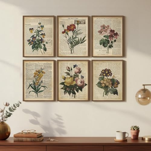 Framed Vintage Floral Wall Art, Set of 6 Colorful Flower Canvas Prints, Rustic Farmhouse Botanical Artwork for Bedroom Living Room Kitchen Dining Room Hallway Office Apartment Home Decor, 11x14 Inch - color: Retro Floral - Walnut Framed, size: 11" W x 14"
