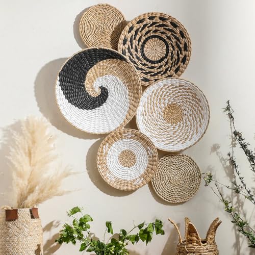 homeemoh Boho Round Hand Woven Wall Basket Decor, Seagrass Rattan Wicker Farmhouse Hanging Baskets Flat Wall Art for Kitchen Living Room Bedroom, 1 Pcs 11.81" - color: Style4( 11.81")