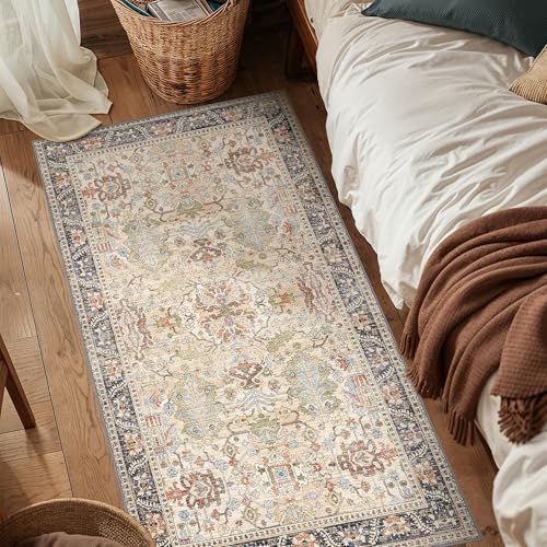 Bavni Area Rug 3x5, Non-Slip Washable Rugs for Living Room Office, Boho Distressed Printed Rug, Low Pile Foldable Decorative Carpet for Bedroom Kitchen Office, Ivory/Teal - color: Ivory/Teal, size: 3' x 5' (Rectangular)