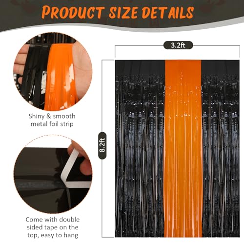 PIGETALE 2 Pack Black and Orange Tinsel Foil Fringe Curtain, 3.2Ftx8.2Ft Halloween Backdrop Curtains Photo Booth Props Streamers Christmas Birthday Party Anniversary Wedding Retirement Decorations - color: Orange and Black