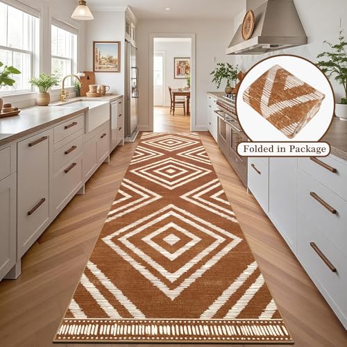 Boho Hallway Runner Rugs 2.6x14ft Non Slip, Long Brown Washable Entryway Rug Runners Non Shedding, Geometric Kitchen Floor Carpets for Doorway Entrance Farmhouse Living Room Home Decor - color: Brown, size: 2'8" x 14' (Rectangular)