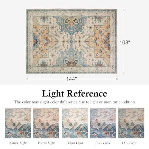 9x12 Area Rugs for Living Room, Large Machine Washable Area Rug, Low Pile Non Slip Boho Rug, Stain Resistant Carpet for Bedroom Dinning Room Nursery Farmhouse Office Home-Blue/Gold/Beige - color: Blue/Gold/Beige, size: 9' x 12' (Rectangular)