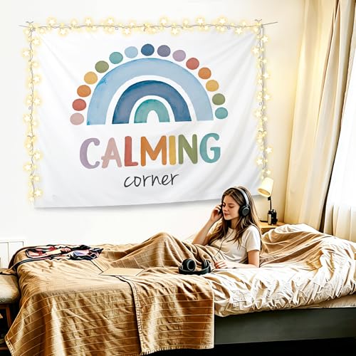 KBRCT Mental Health Tapestry, Boho Classroom Wall Tapestry, Calming Corner Boho Rainbow Wall Hanging Decor for Home Bedroom Office Classroom Calming Room, 50x60 Inch