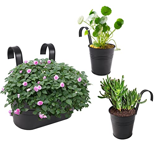 HowRU Metal Iron Flower Pots for Railing Fence Hanging Bucket Pots(5 Pcs) and Hanging Flower Pots Metal Iron Bucket Planter(10 Pcs) (Black) - color: Dark Black