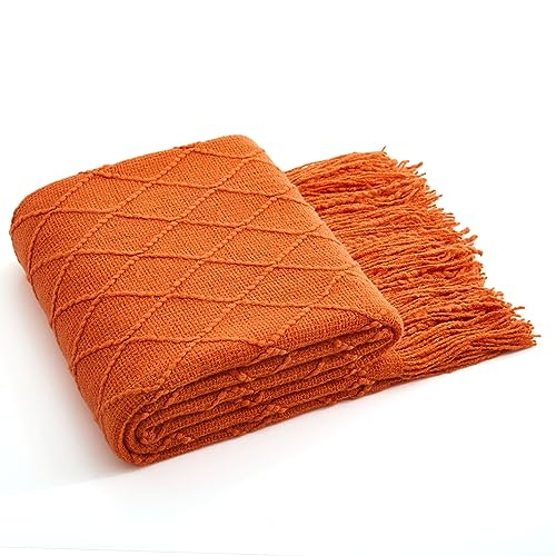 Acrylic Knitted Throw Blanket, Lightweight and Soft Cozy Decorative Woven Blanket with Tassels for Couch, Bed, Sofa, Travel, Suitable for All Seasons, 50 x 60 Inches, Orange - color: Orange