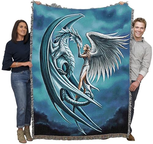 Pure Country Weavers Silverback Dragon with Angel Woven Blanket by Anne Stokes - Fantasy Gift Cotton Tapestry Throw - Made in The USA - 72" x 54" - color: Silverback, size: 72" x 54"
