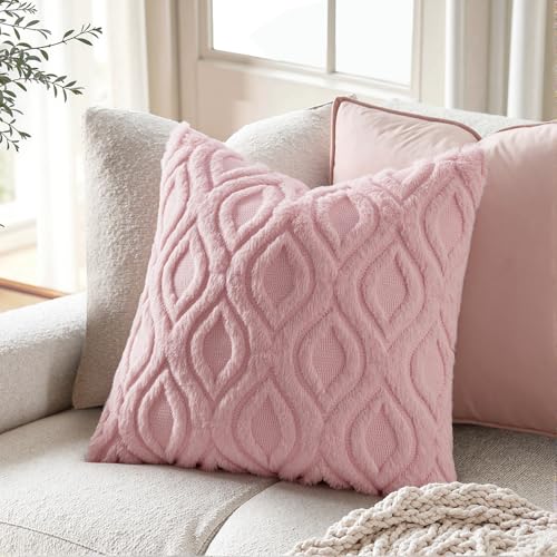 MIULEE Light Pink Valentines Throw Pillow Covers 18x18 Inch, Soft Spring Plush Faux Wool Couch Pillow Covers Set of 2 Decorative Farmhouse Boho Throw Pillows for Sofa Living Room Bed - color: Light Pink, size: 18" x 18" (Pack of 2)