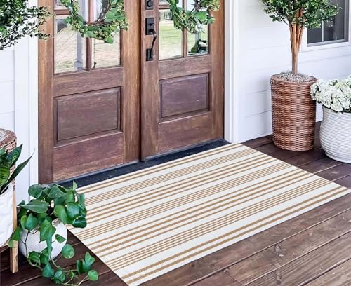 Khaki and White Striped Outdoor Rug 24'' x 51'' Front Porch Rug Hand-Woven Machine Washable Indoor/Layered Door Mats for Entryway/Bedroom - color: Khaki White, size: 2' x 4'3" (Rectangular)