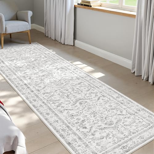PureCozy Grey 2x5 Runner Rug Vintage Area Carpet Hallway Indoor Kitchen Washable Low Pile Traditional Distressed Retro Accent Throw Rug Non Slip for Laundry Bathroom Office - color: Neutral Grey, size: 2' x 5' (Runner)