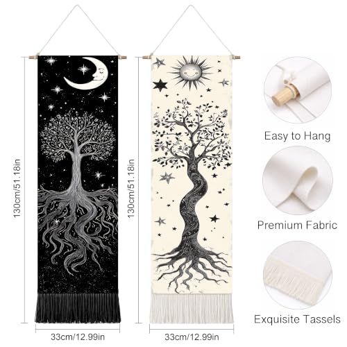 seewan 2 Pack Long Vertical Wall Tapestry, Boho Nature Landscape & Floral Aesthetic Wall Hanging for Bedroom Living Room Home Decor, Long Narrow Art Tapestry with Sunrise Mountain Botanical Designs, 13" × 51" (Night Forest Moon, 13"Wx51"H, Unframed) - col
